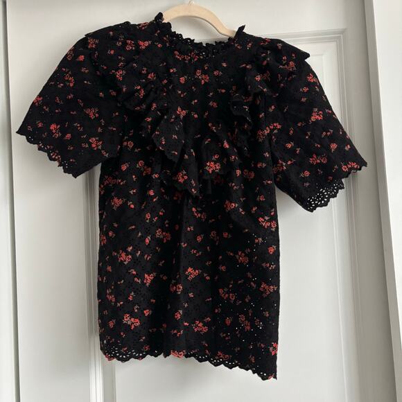 EUC Ulla Johnson Choux Eyelet Blouse Ruffled Noir Sz 2 Floral Romantic - Picture 2 of 11